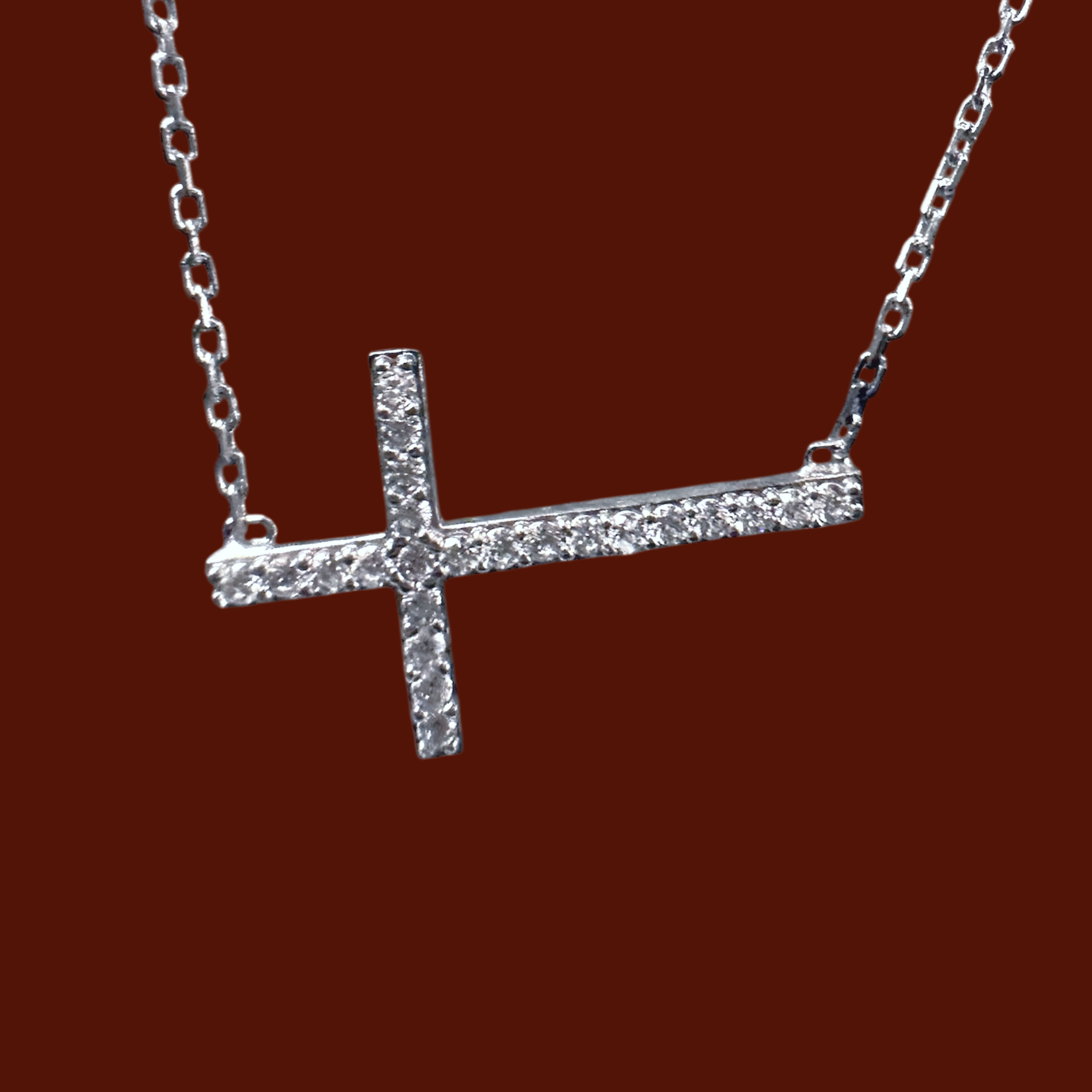 Cubic Zirconia Sterling Silver Horizontal Cross Necklace 16 inch