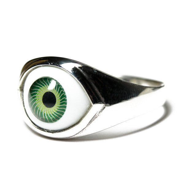 "I C U" Sterling Silver Green Evil Eye Ring