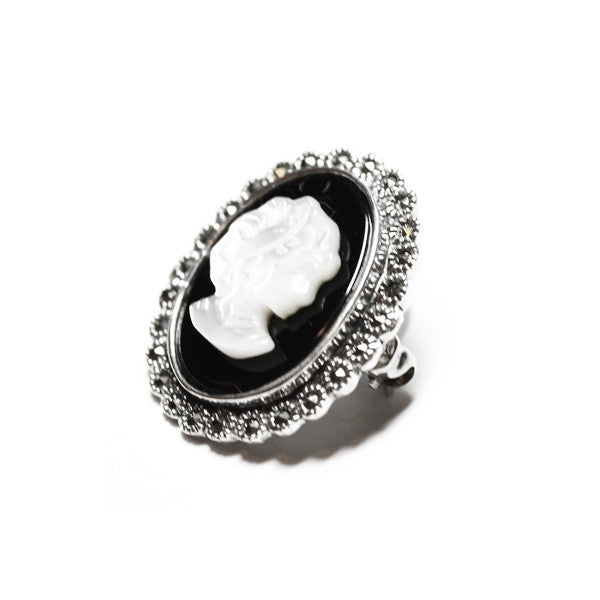 Vintage Style Sterling Silver Marcasite Cameo Brooch Pin with Black Onyx