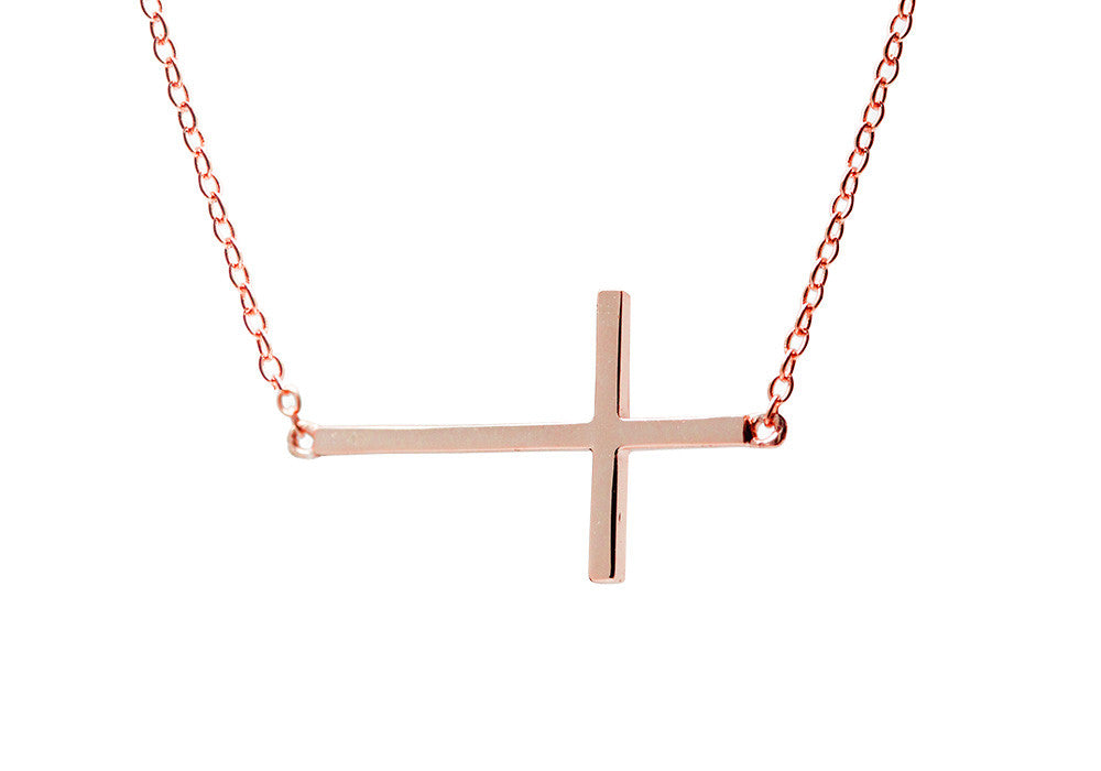 16 Inch Sideways Cross Necklace Rose Gold Plated Silver Cross