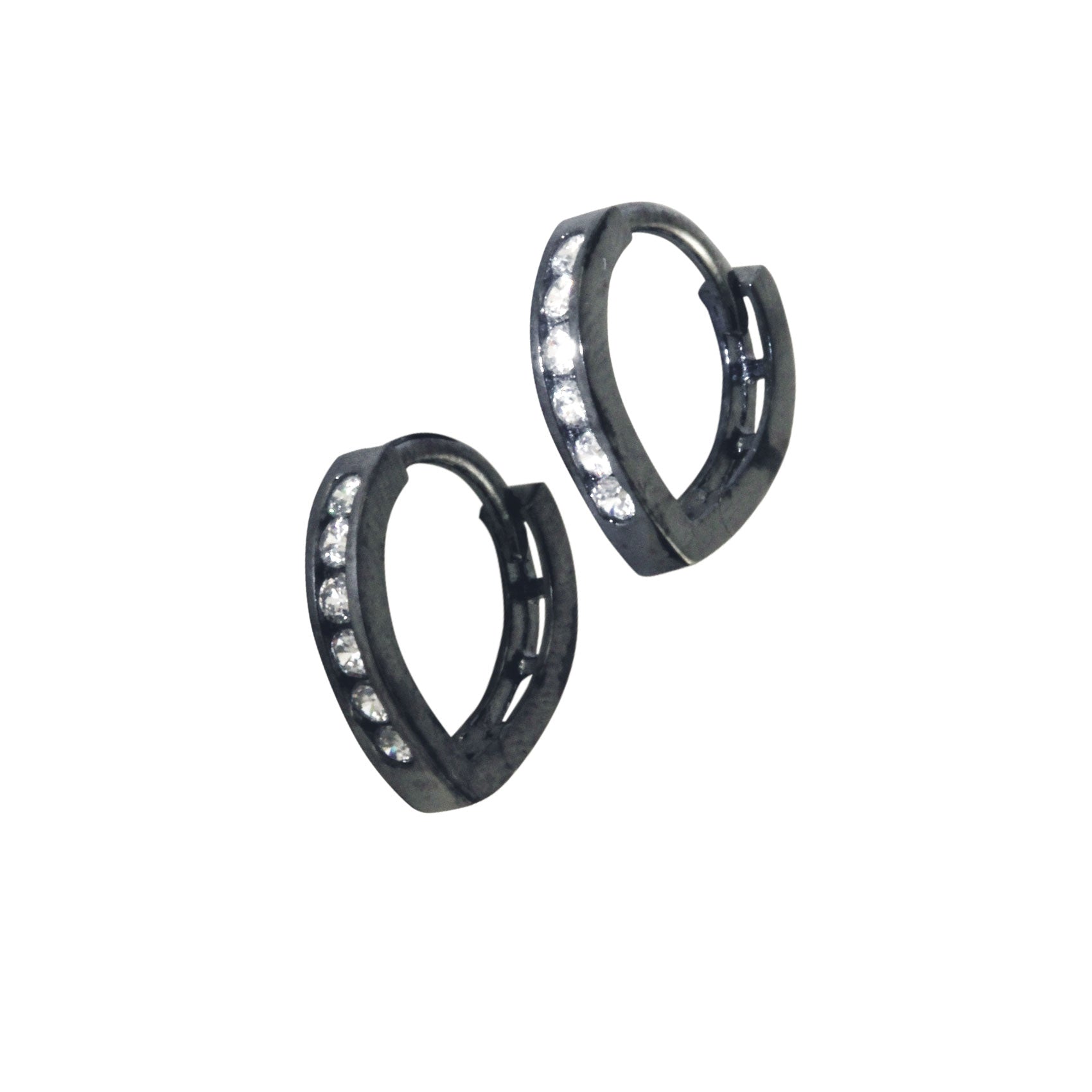 Blackened Silver Huggie Hoop CZ Earrings