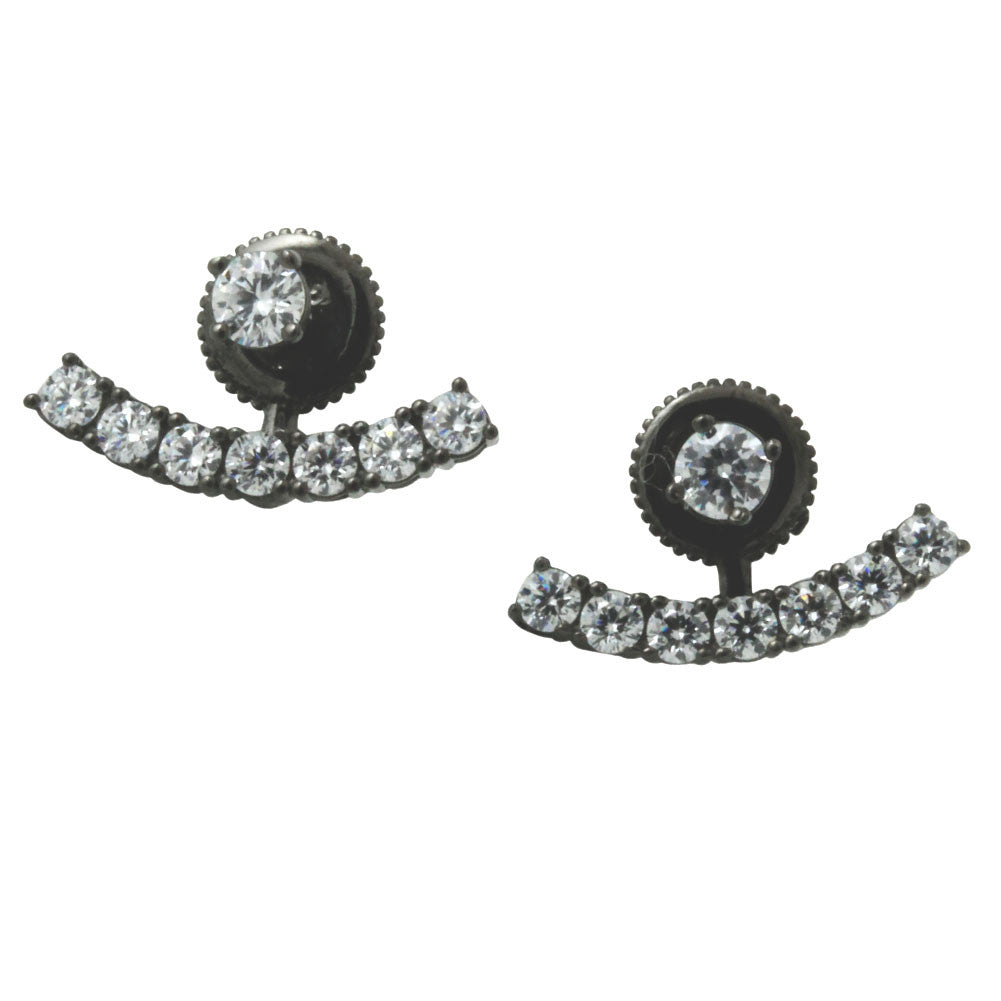 Blackened Silver Round CZ Ear Jacket Stud Earrings