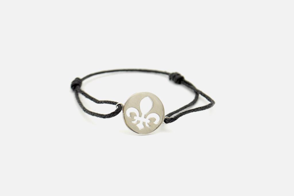 Sterling SIlver Fleur De Lis Black Adjustable String Bracelet