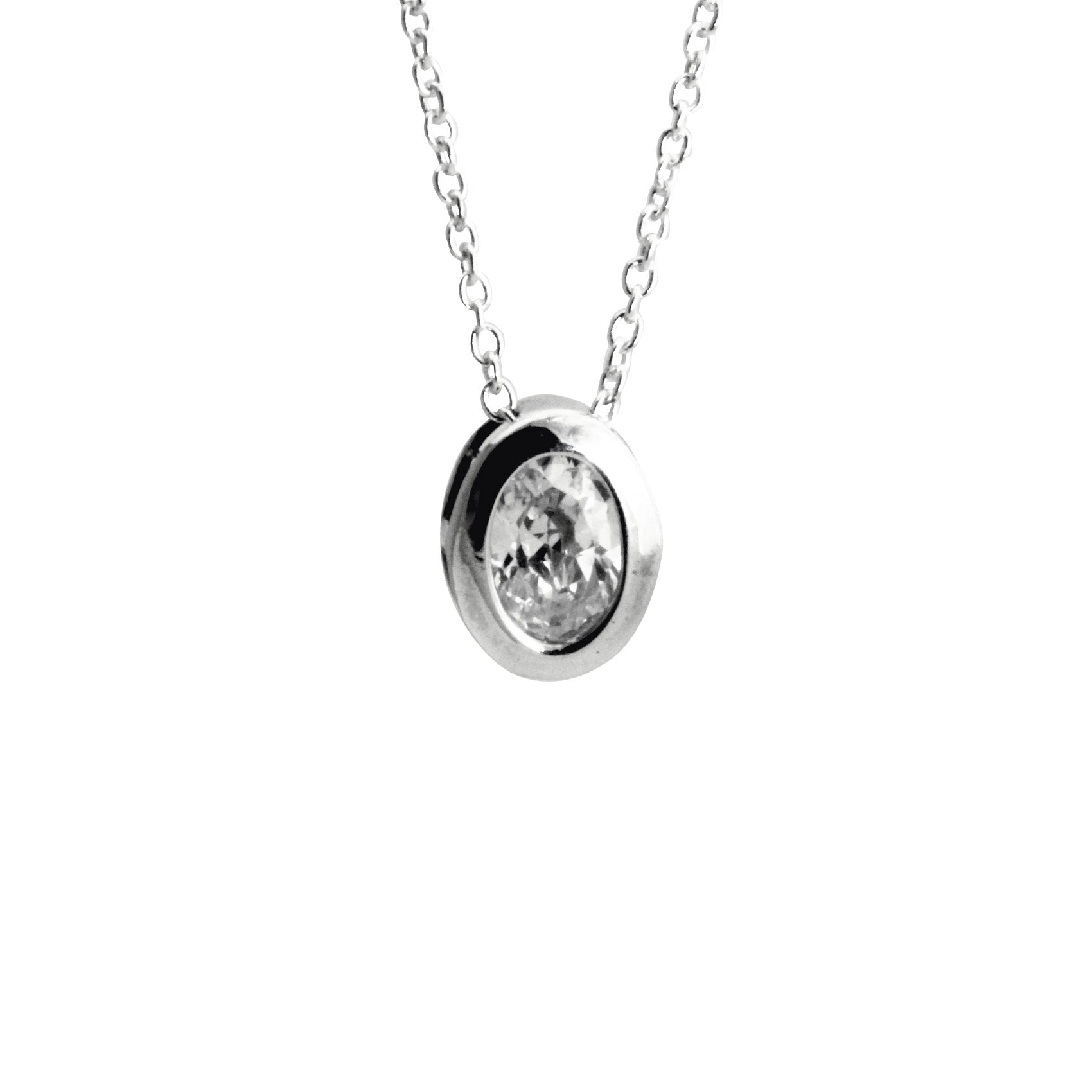 Silver CZ Oval Solitaire Pendant Necklace