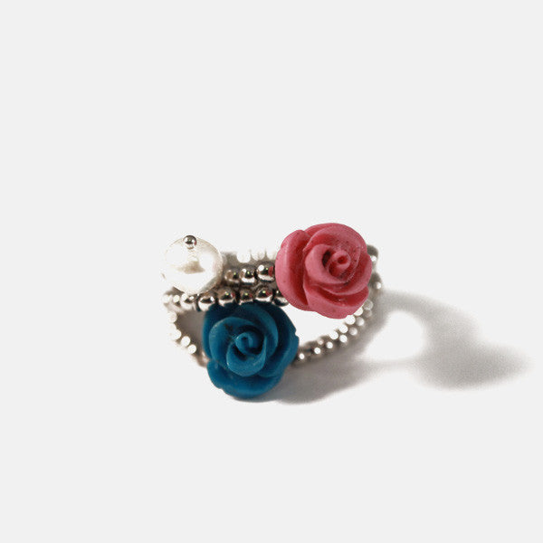 "Ring Around the Rosy" Sterling Silver Pink & Turquoise Rose Rings