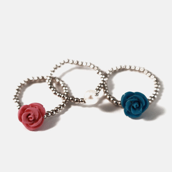 "Ring Around the Rosy" Sterling Silver Pink & Turquoise Rose Rings