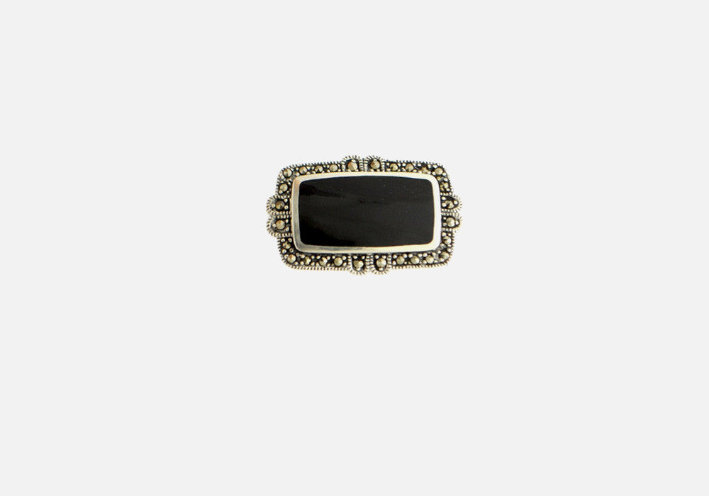 Vintage Style Sterling Silver Marcasite Brooch with Black Onyx Center