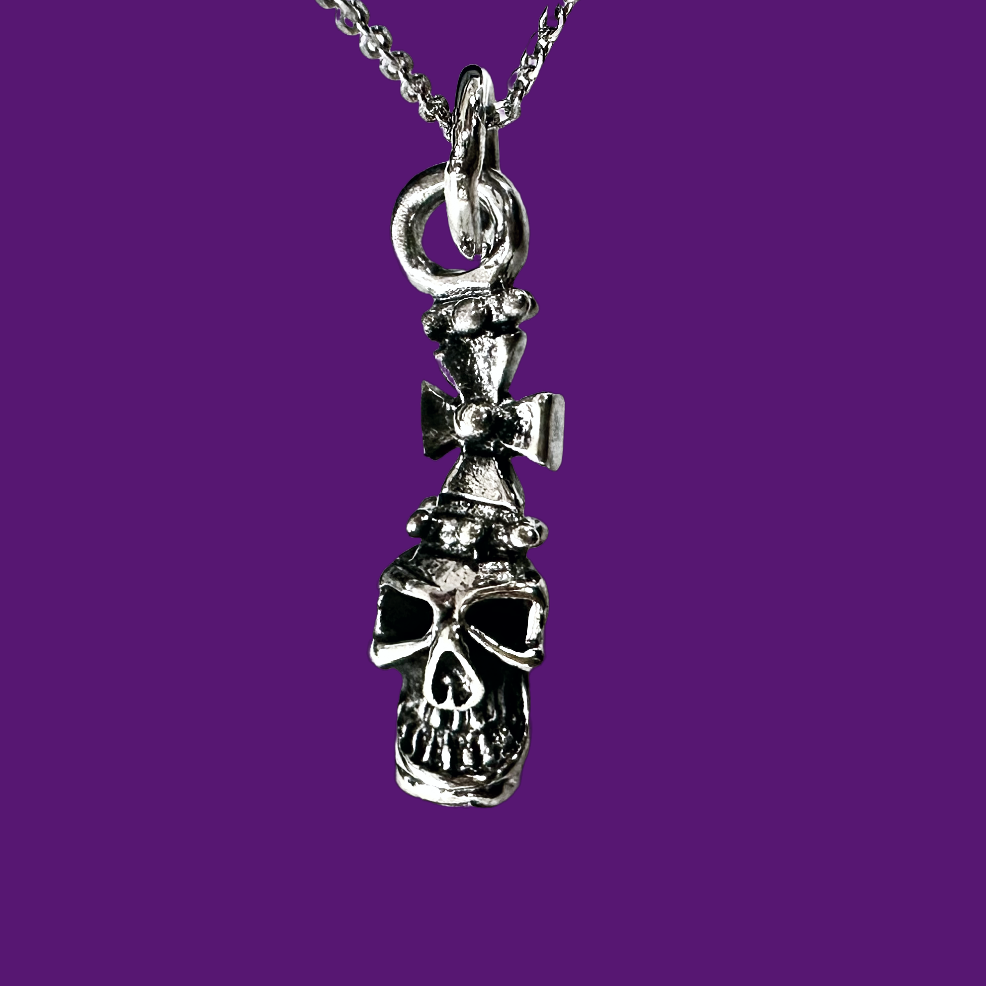 Silver Cross Skull Head Pendant Necklace