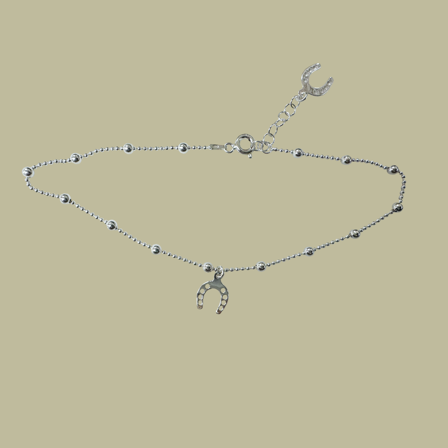 Silver Beaded Horseshoe Charm Anklet