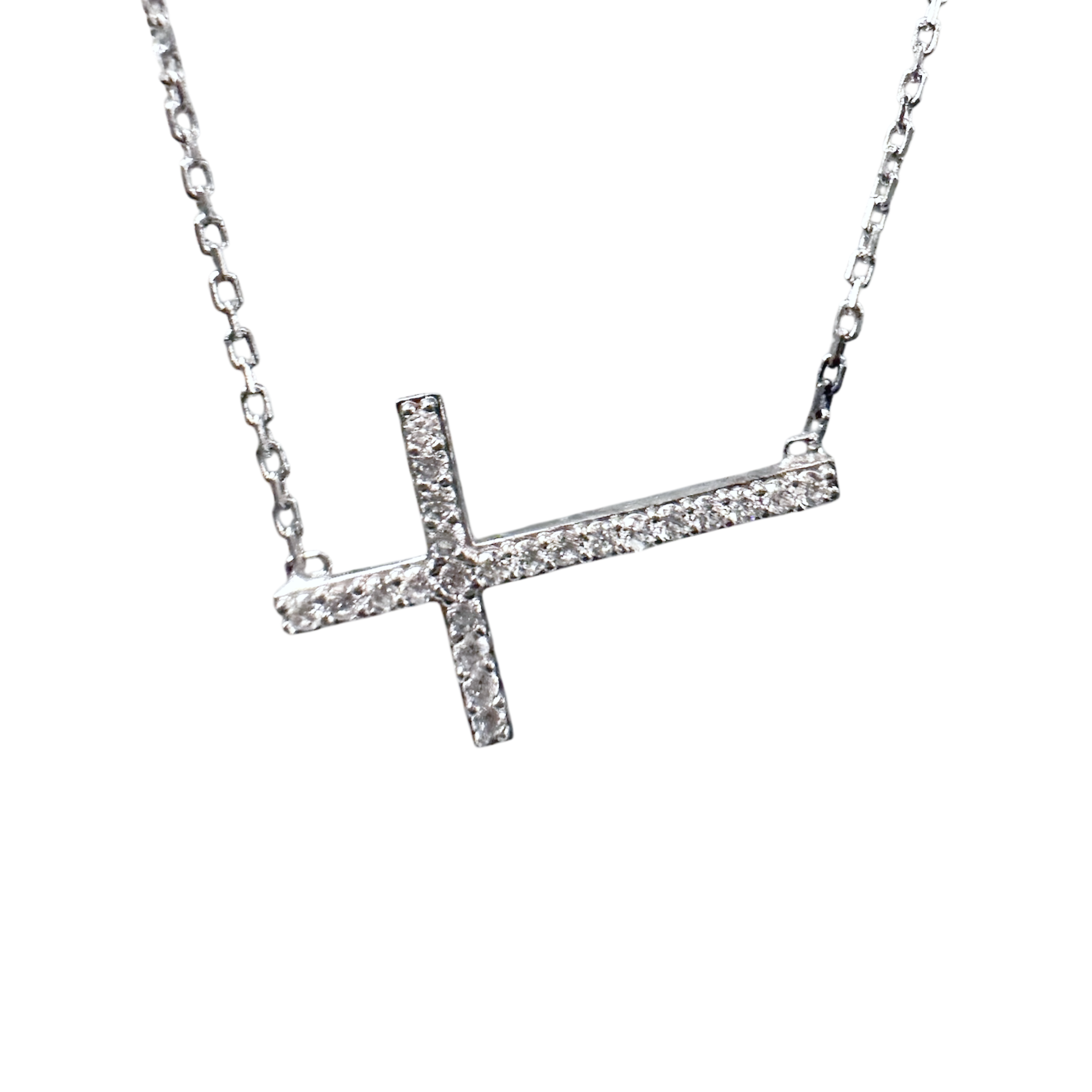 Cubic Zirconia Sterling Silver Horizontal Cross Necklace 16 inch