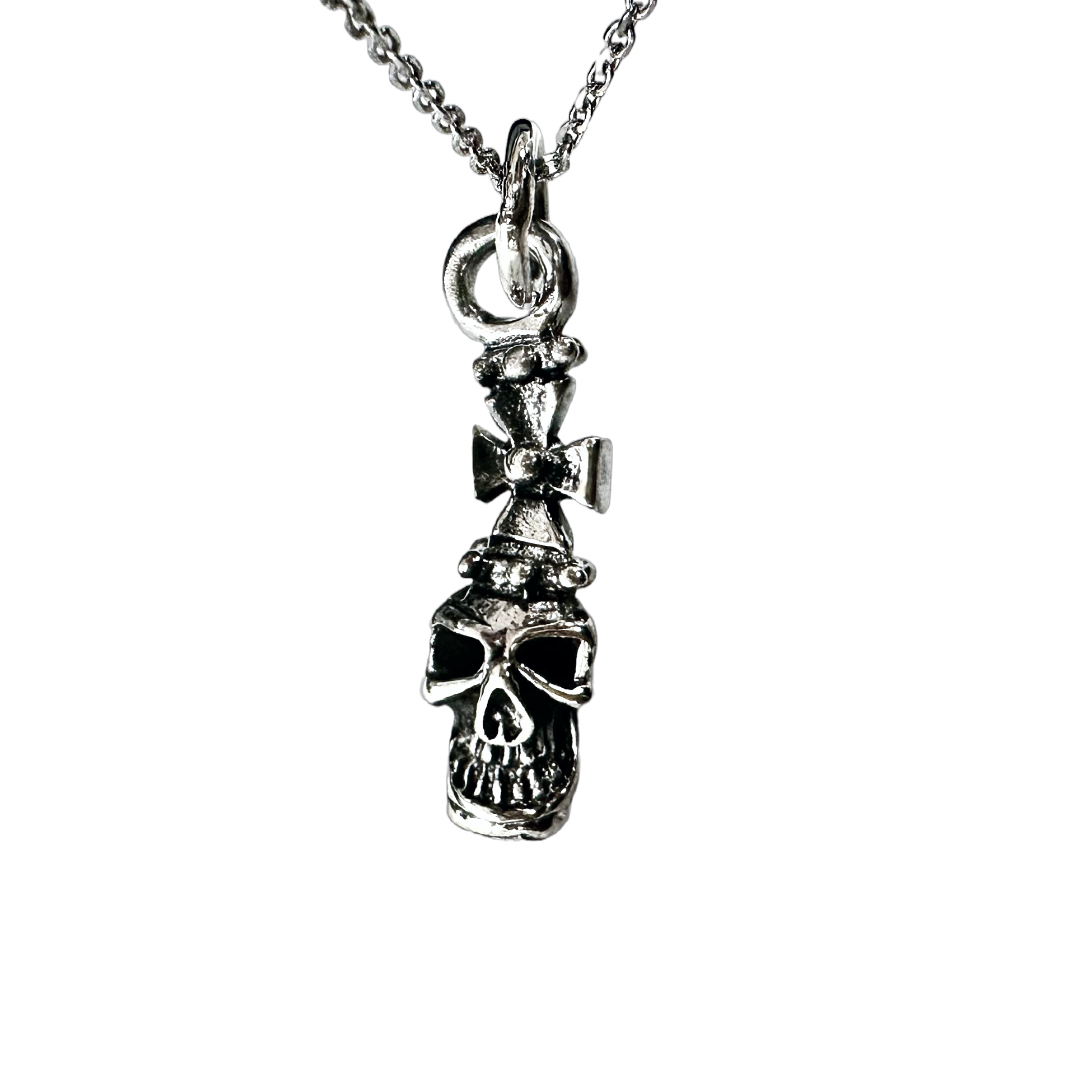 Silver Cross Skull Head Pendant Necklace