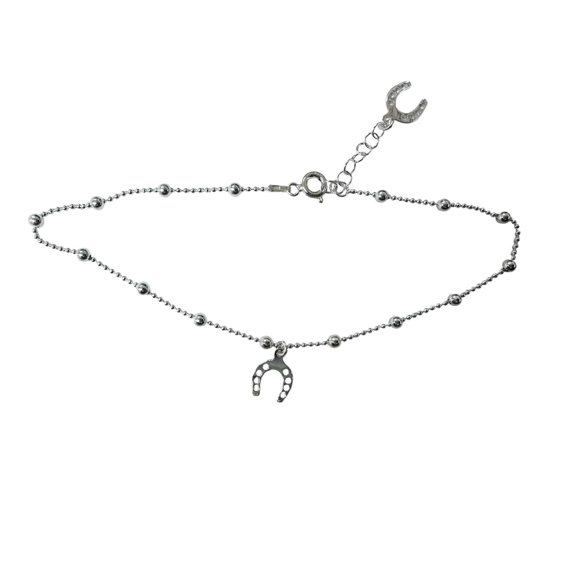 Silver Beaded Horseshoe Charm Anklet