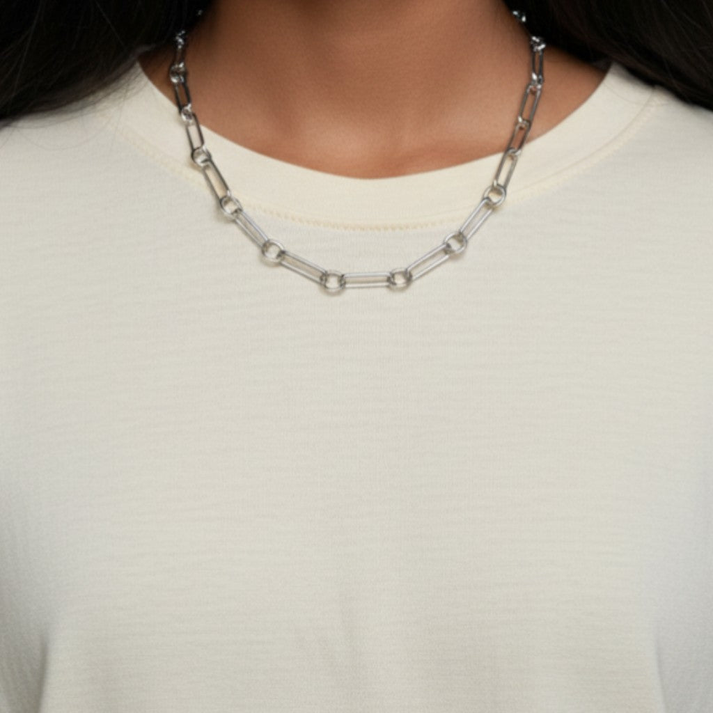 Apop Sterling Silver Paperclip Link Necklace with open circle links, polished finish, lobster claw clasp.