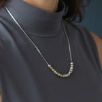 Apop sterling silver necklace with three-tone faceted beads in gold, rose gold, and silver. 18 inch length.