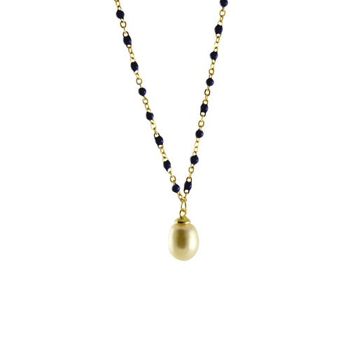 Gold-Dipped Blue Enamel & Pearl Drop Necklace