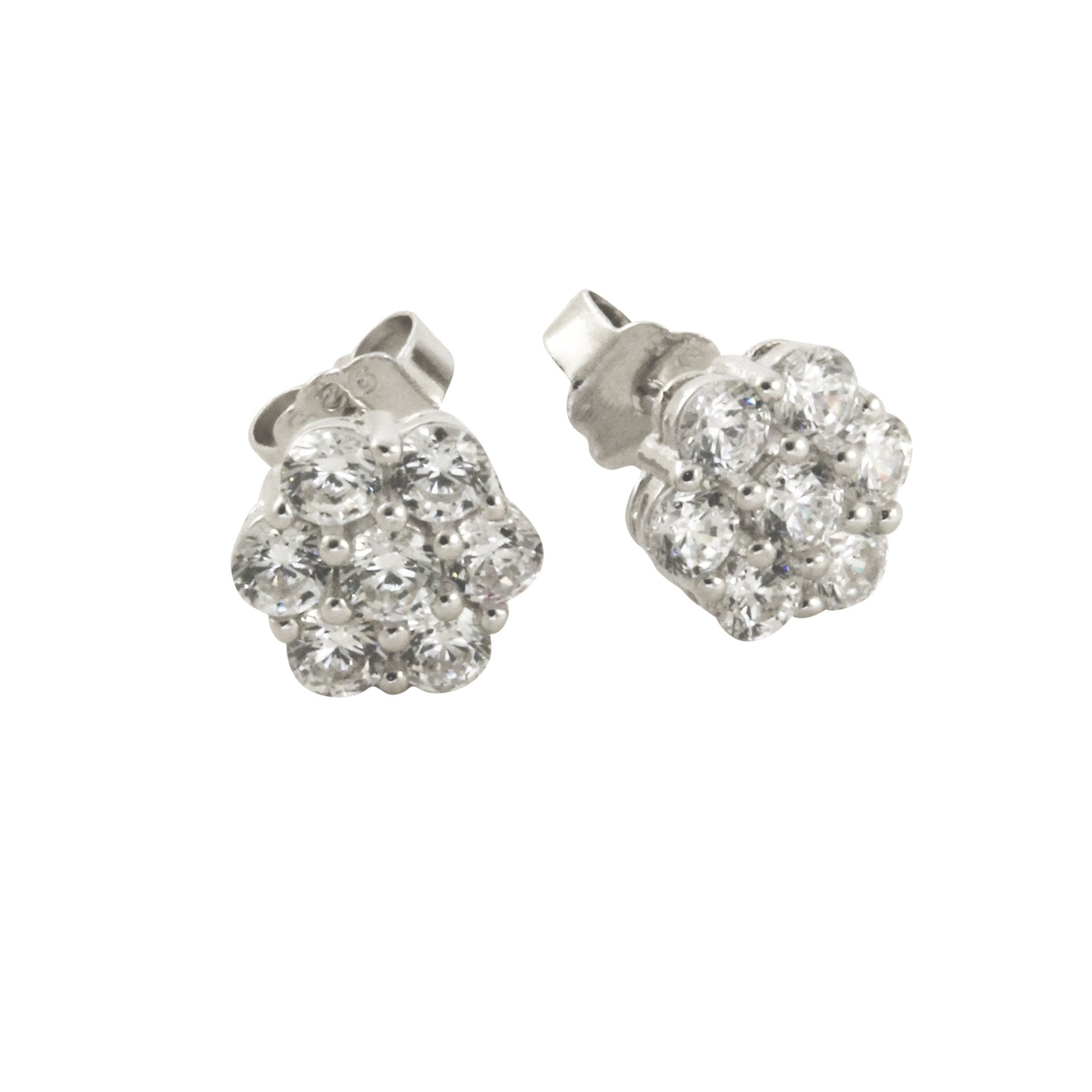 Sterling Daisy Flower Pave Cluster Stud Earrings