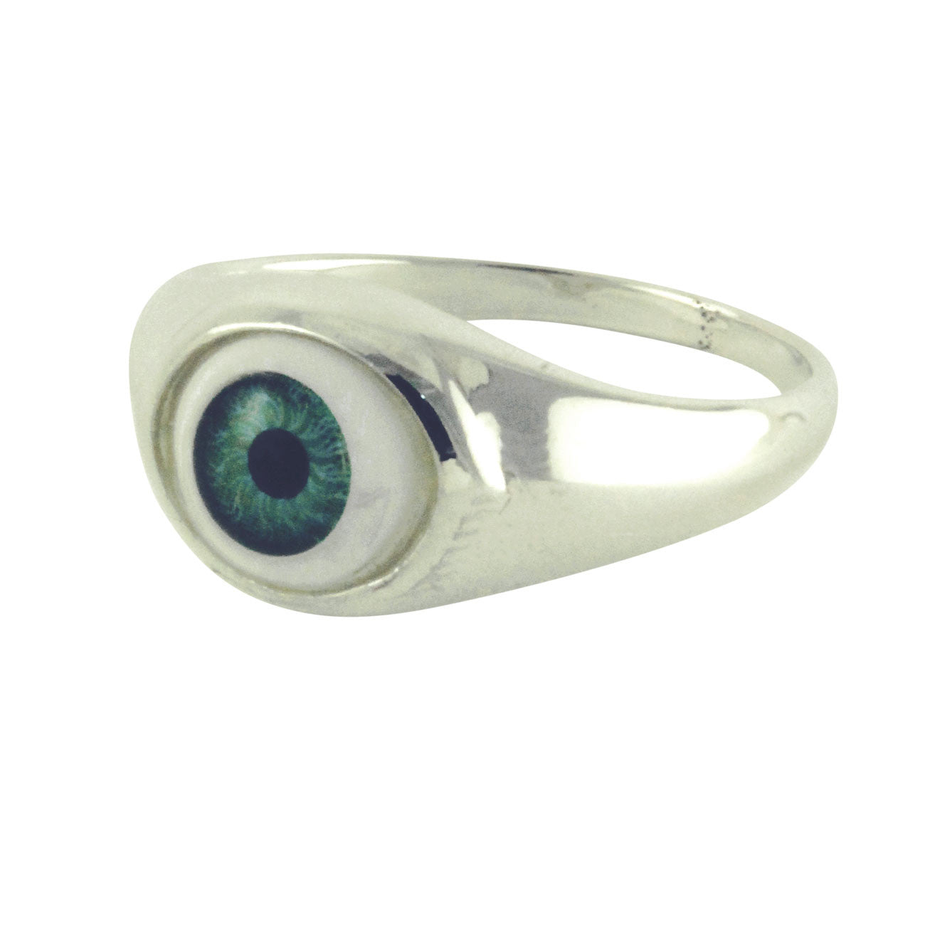 "I C U" Sterling Silver Green Evil Eye Ring