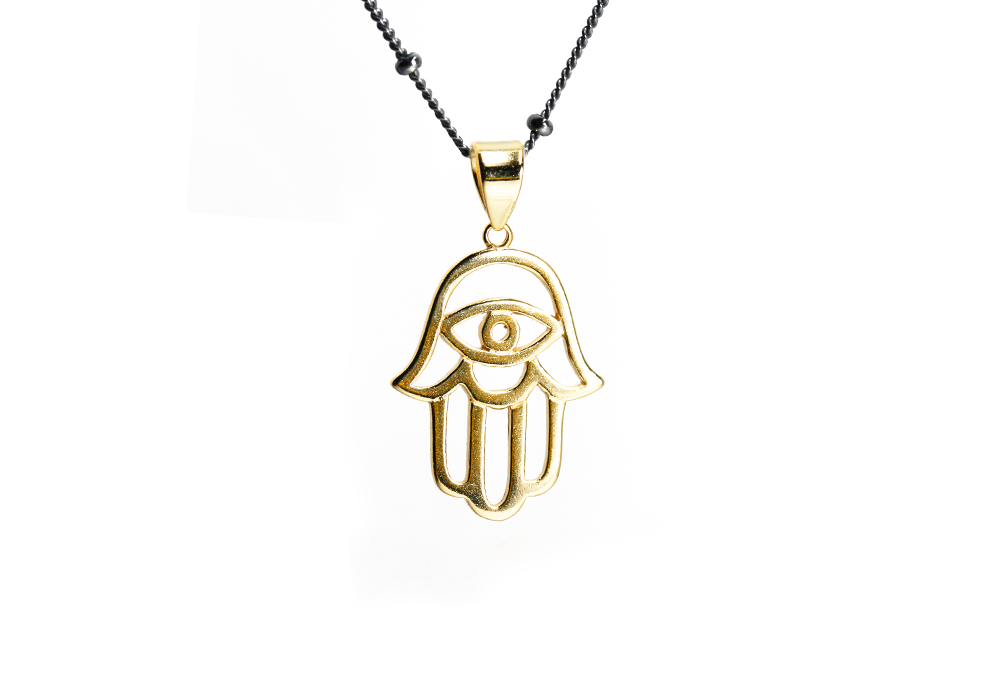 Gold-Dipped Evil Eye Hamsa Pendant with Black Chain Necklace