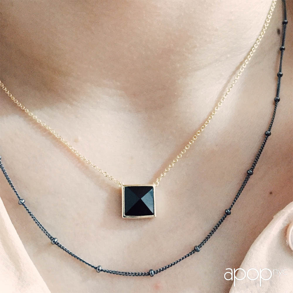 "Jet Black Stud" Sterling Silver Square Pyramid Necklace