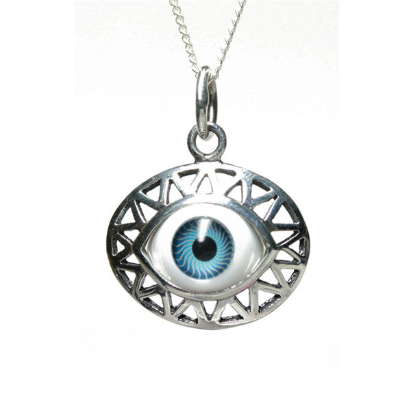 silver blue evil eye disc pendant necklace