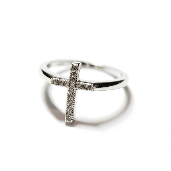 Silver CZ Christian Cross Ring