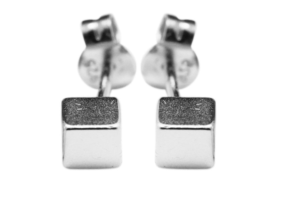 "QBK" Sterling Silver Mini Cube Square Stud Earrings