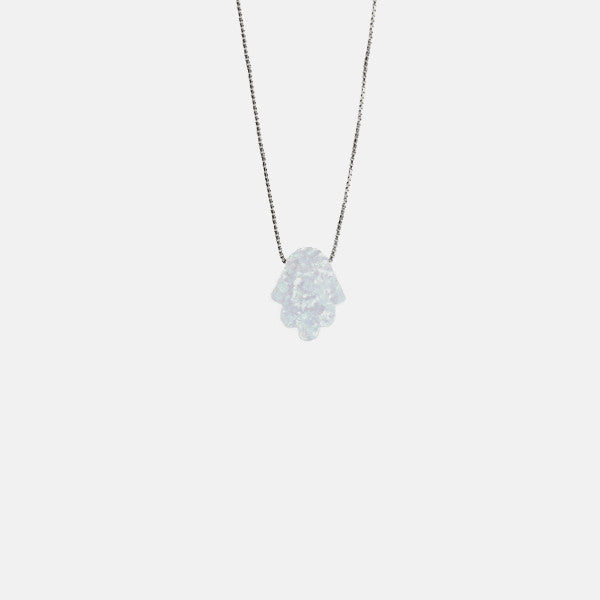 Sterling Silver Pink Opal Mini Hamsa Necklace 18 inch