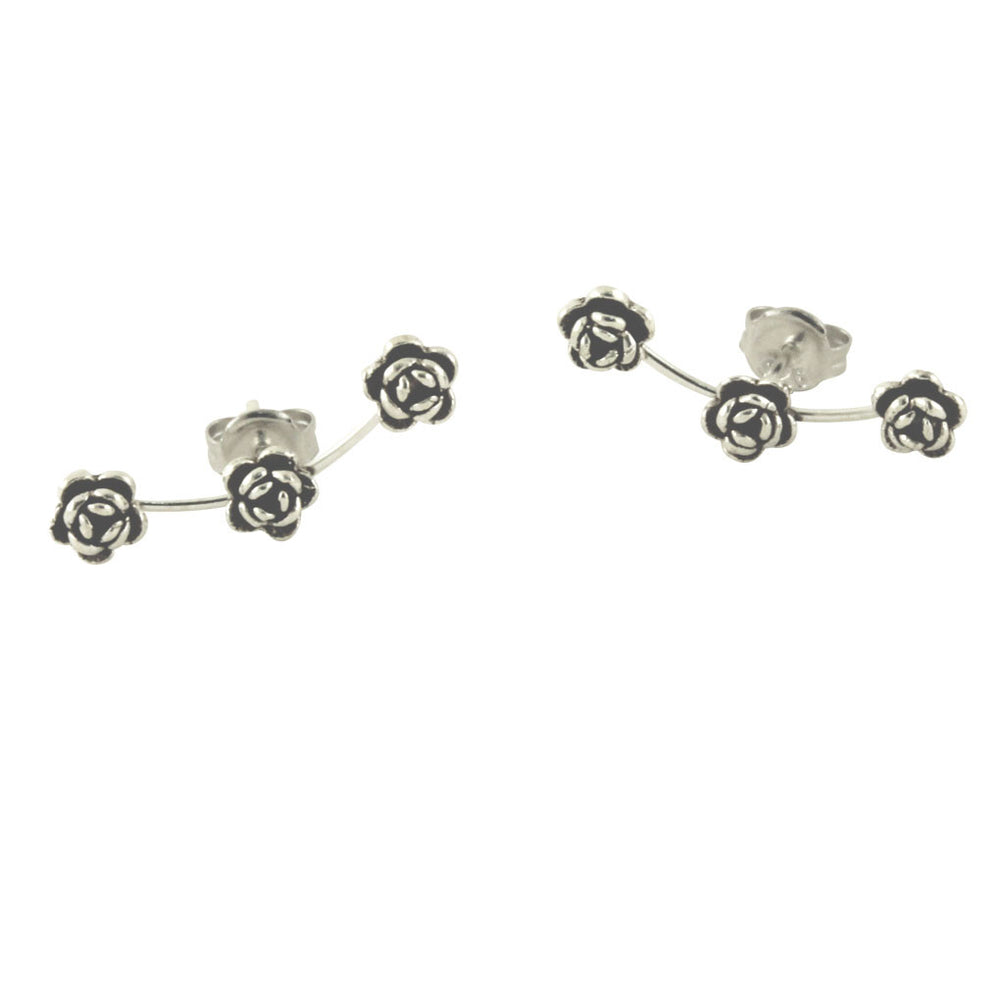 Sterling Rose Flower Crawler Stud Earrings