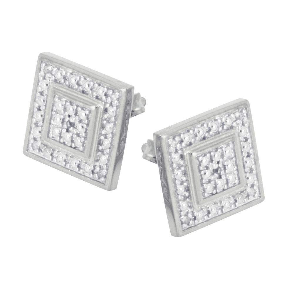 Sterling Silver Diamond Square Cluster Earrings