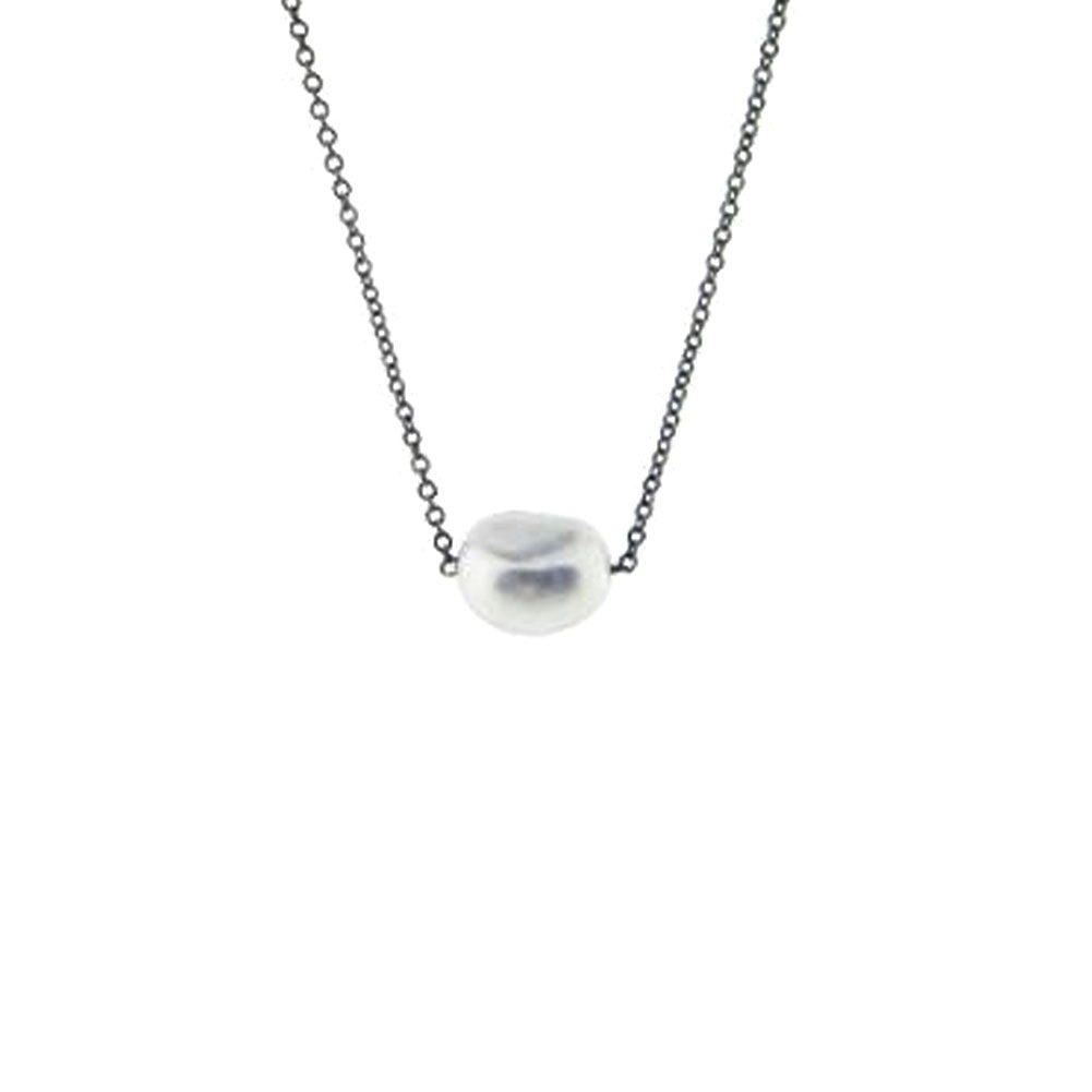 Blackened Silver Natural "Baroque" Single Pearl Necklace 16-18 inch
