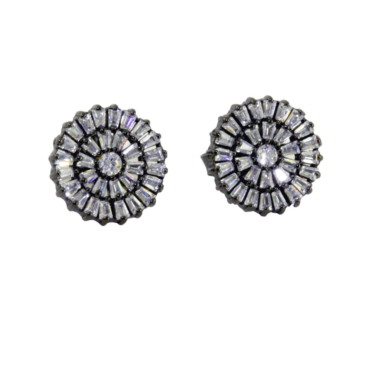 Blackened Silver Deco Baguette CZ Cluster Stud Earrings
