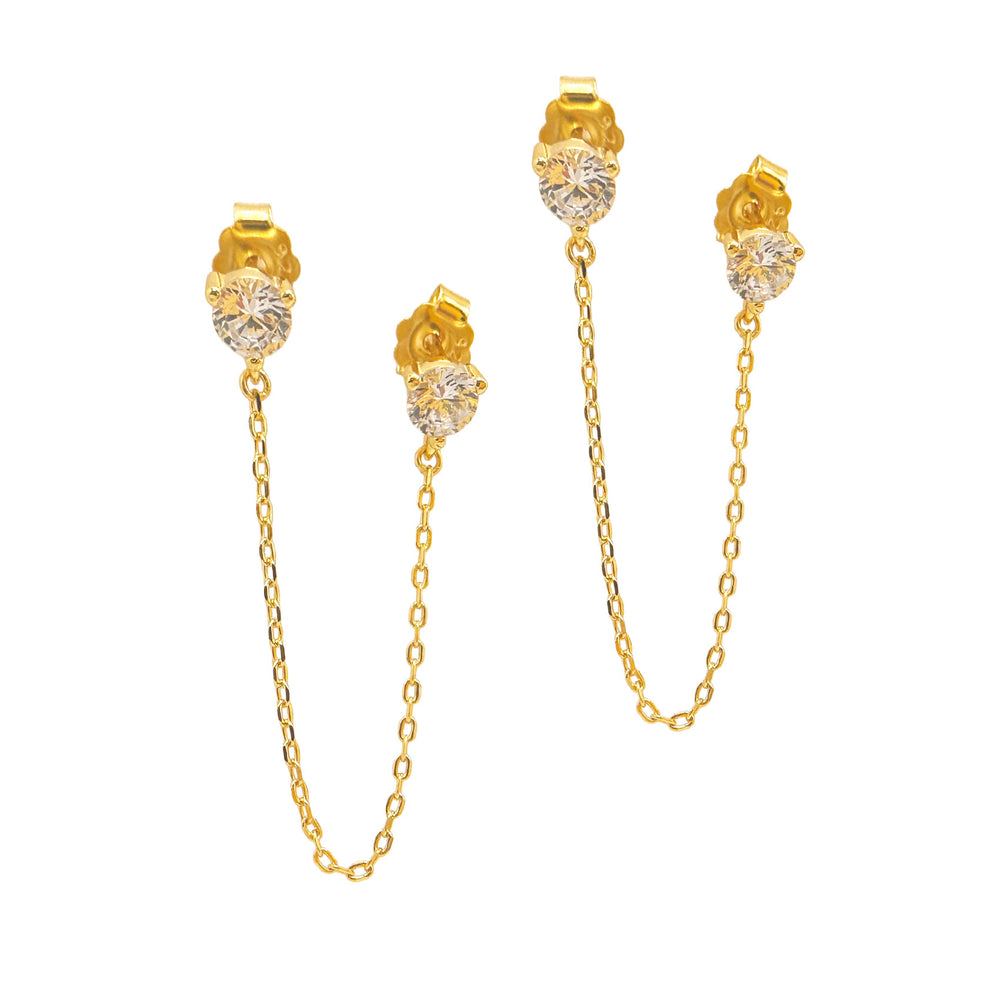 Gold CZ Chain Stud Earrings