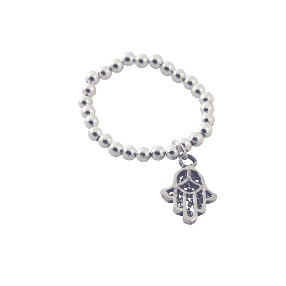 Sterling Silver Beaded Stretch Ring with Hamsa Charm