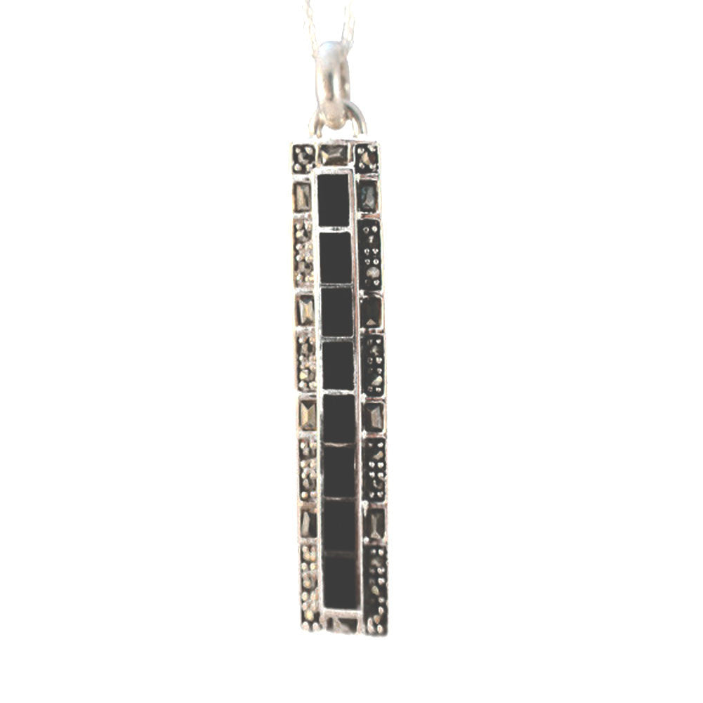 Sterling Silver Marcasite Onyx Bar Pendant Necklace