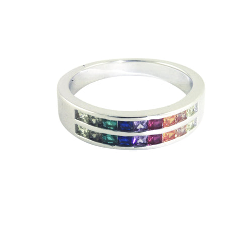 Sterling Silver Multicolor Rainbow CZ Band Ring