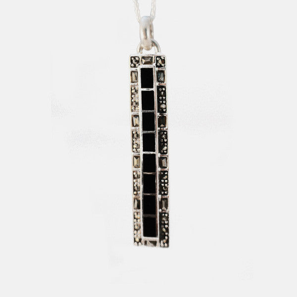 Sterling Silver Marcasite Onyx Bar Pendant Necklace