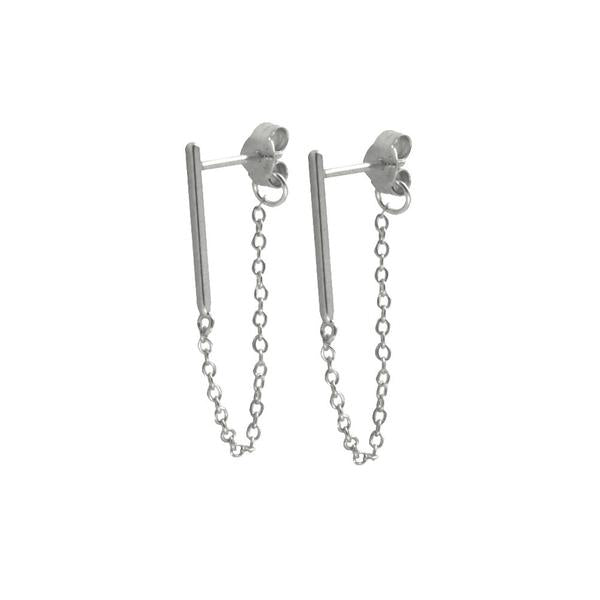 Sterling Silver Mini Bar Studs with Chain Earrings