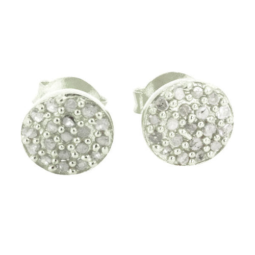 Sterling Silver Round Disc Pave Diamond Cluster Earrings
