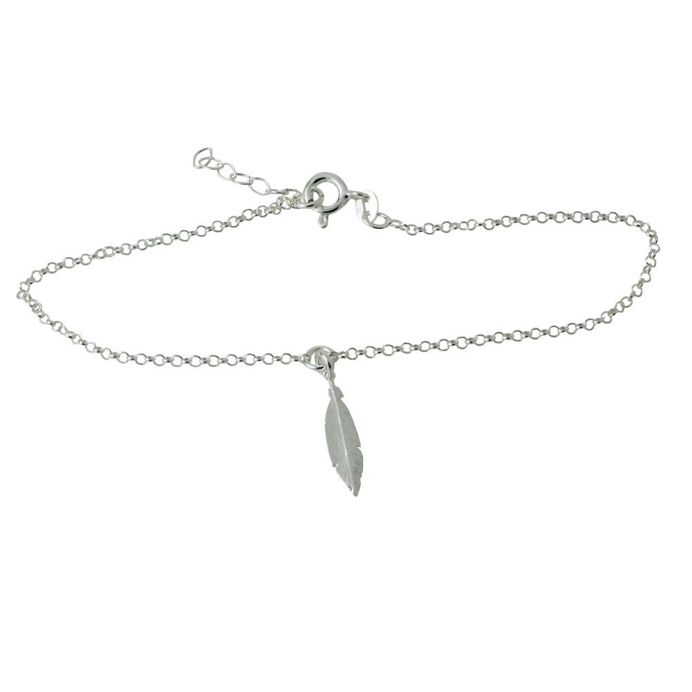 "Feather Charm" Sterling Silver Anklet Chain Bracelet