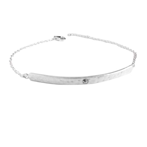 Silver Hammered Matte Bar Bracelet with CZ Stone 7 inch
