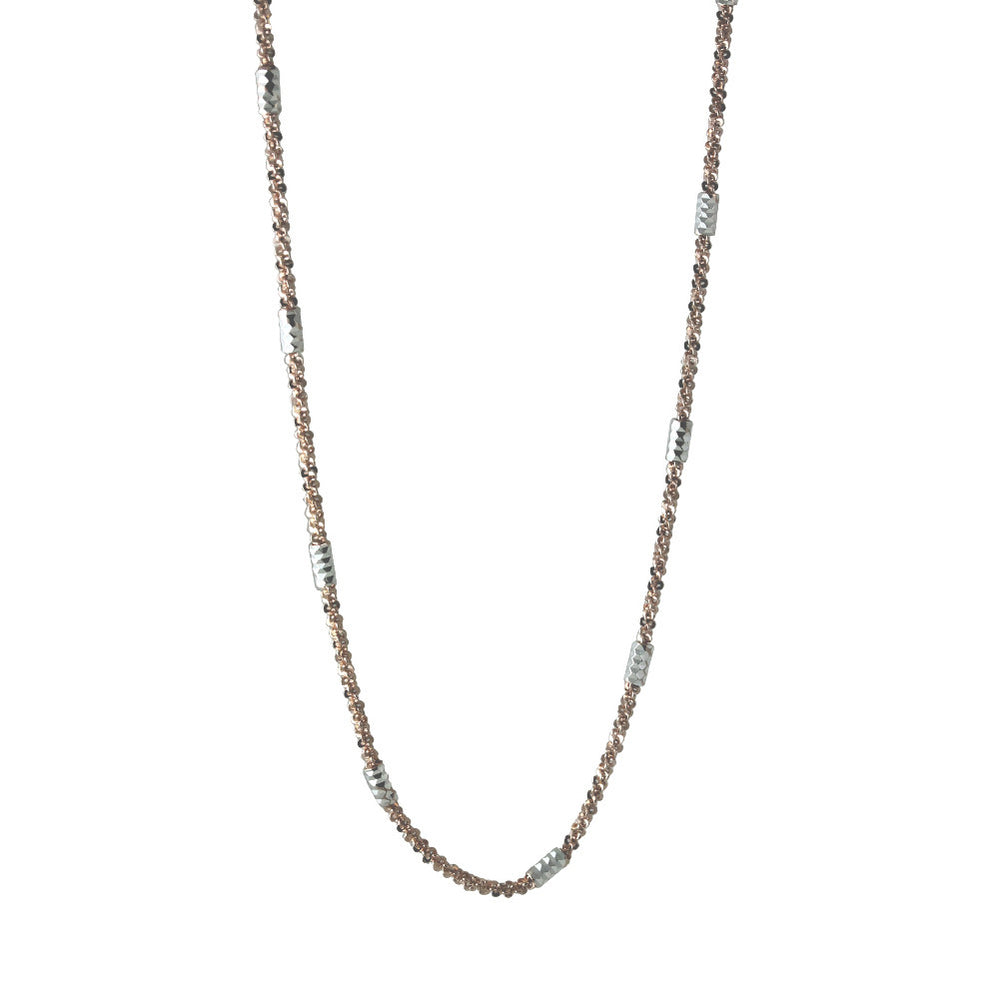 "Rosy & Silver" Two-Tone Tube Bead Sparkles Chain Necklace